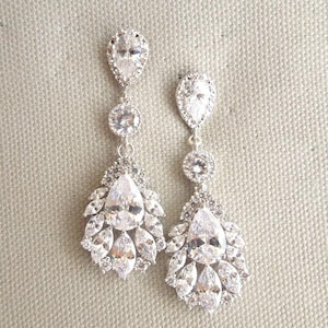 Bridal Chandelier Earrings: Cubic Zirconia & Rhinestone, Sterling Silver Post, SAMMY
