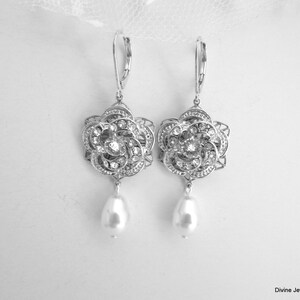 Braut Kronleuchter Ohrringe, Hochzeit Schmuck Perle Tropfen, Viktorianischen Rose Design, Silber oder Gold, ROSELANI Bild 4