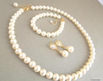 Gold Pearl Jewelry Set, Bridal Necklace and Earrings with Cubic Zirconia, Wedding Bracelet, MAUDREY