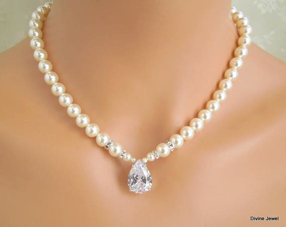 Cngstar Elegant Jewelry Set for Women Pearl Teardrop Zirconia Rhinestone Drop Earrings Necklace Jewelry Sets for Bridesmaids White