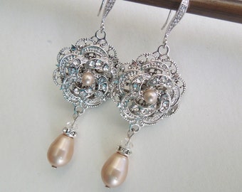 Pearl Earrings, chandelier earrings, Rhinestone Earrings, Bridal Pearl Earrings, statement Earrings, wedding rhinestone earrings,  OSELANI