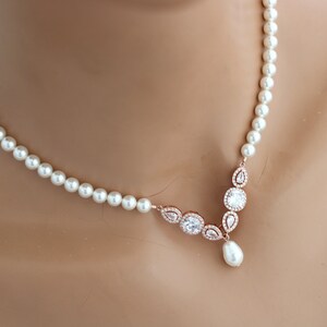 rose gold bridal Necklace pearl, cubic zirconia necklace, wedding rhinestone Jewelry, bridal statement Crystal and Pearl jewelry, CZ, ADDIE