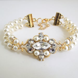 Bridal Pearl Bracelet: Gold Rhinestone, Double Strand Wedding Jewelry, Gaby