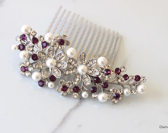 Rhinestone Bridal Hair Comb: Amethyst Crystal and Pearl Wedding Accessory, PAMELA