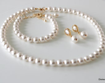 Braut Schmuck-Set, Perlenkette Braut, Brautjungfer Schmuck-Set, Perlen-Set Hochzeit, Hochzeit Schmuck-Set, klassisches Schmuck-Set, Maudrey