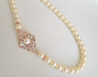 Collana di perle da sposa in oro rosa, collana di strass per matrimonio, collana di perle da sposa, collana di tendenza, collana di strass perle, CLAUDE
