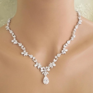 Cubic Zirconia Bridal Necklace: Vintage Style Statement Wedding Necklace, CASSY