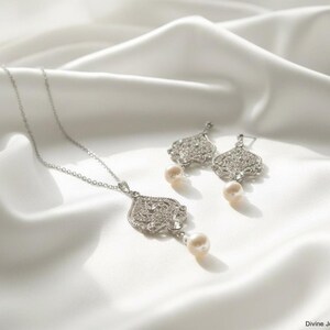 Bridal Necklace Set, Pearl and Crystal Chandelier Earrings, Art Deco Jewelry, STELLA shown in an AI-generated listing photo. Jewelry is custom handmade and designed by me.