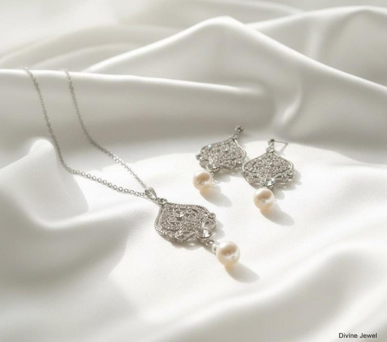 Bridal Necklace Set, Pearl and Crystal Chandelier Earrings, Art Deco Jewelry, STELLA shown in an AI-generated listing photo. Jewelry is custom handmade and designed by me.