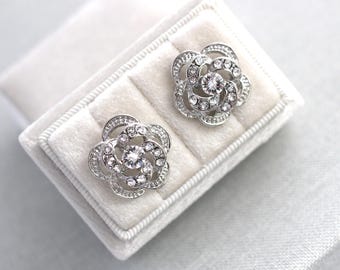 Bridal crystal Earrings wedding Rhinestone Earrings flower bridal earrings stud wedding earrings bridal jewelry clip on earrings ROSELANI