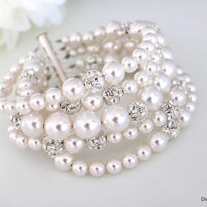 Pearl Bridal Bracelet with Rhinestones, Vintage Style Wedding Jewelry, Chunky Pearls Cuff, Cheyenne