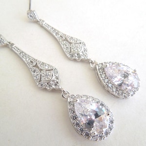 Art Deco Bridal Earrings: Cubic Zirconia Teardrop, 2&quot; Long, Crystal Earrings