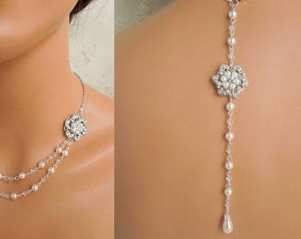 wedding pearl necklace, wedding backdrop necklace, bridal rhinestone necklace, wedding rhinestone necklace, wedding necklace, pearl, AMELIA