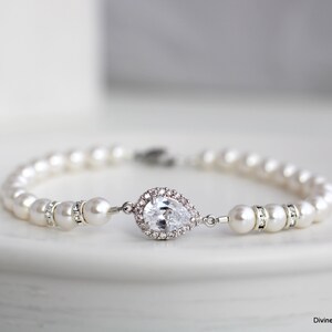 Pearl & Cubic Zirconia Bridal Bracelet: Silver Wedding Jewelry, AUDREY