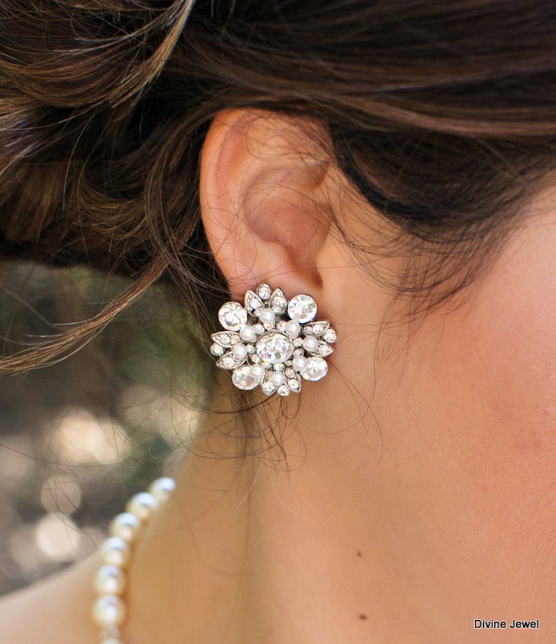 Pearl Bridal Earrings Wedding Rhinestone Earrings Bridal Etsy