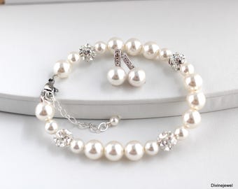 bridal jewelry set, wedding jewelry, bridesmaid jewelry set, pearl jewelry for bride, bracelet and earring timeless anniversary gift, CLAIRE