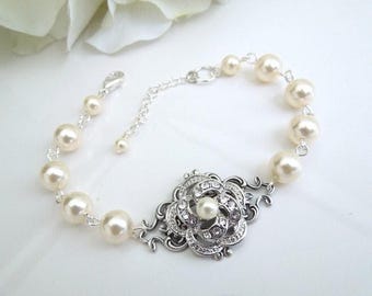 Braut Perlen Armband: Strass Hochzeit Schmuck, Vintage Style Rose Detail, Swarovski Kristall und Perlen, ROSELANI