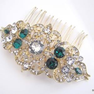 Postiche de mariée vert, peigne à cheveux vert émeraude, peigne à cheveux en cristal, accessoires pour cheveux verts, peigne à cheveux or, peigne à cheveux en strass, ALLY