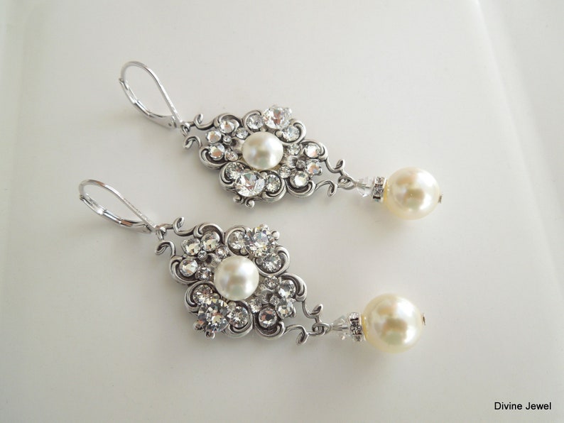 Pearl Bridal Earrings, wedding Rhinestone Earrings, Bridal Earrings chandelier, pearl earrings, Rhinestone Earrings, bridal jewelry, CLAUDE image 4