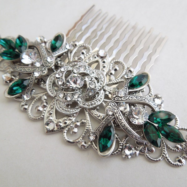 wedding hair accessories, bridal hair comb, wedding hair comb, rhinestone hair comb, green crystal hair comb, bridal headpiece, ROSELANI