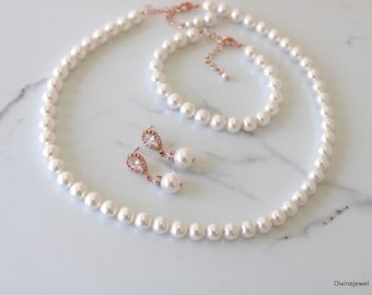 Rose Gold bridal Jewelry Set, wedding pearl Necklace Earrings set, Necklace Earrings Bracelet, rose gold jewelry for wedding, Pearl, MAUDREY