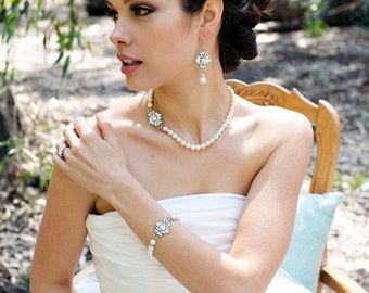 Bridal Jewelry SET, Wedding jewelry set, bridal necklace and earring set, pearl jewelry set, pearl necklace wedding, vintage style, Claude