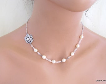 bridal pearl necklace, wedding rhinestone necklace, Wedding necklace bridal jewelry, pearl necklace, Rhinestone necklace, pearl,  ROSELANI