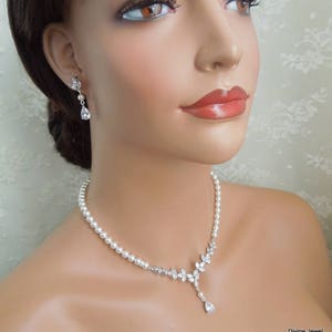 Pearl Bridal Necklace Set: Cubic Zirconia Wedding Jewelry, Silver Earrings and Backdrop Option, HOPE image 4
