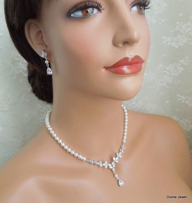 Pearl Bridal Necklace Set: Cubic Zirconia Wedding Jewelry, Silver Earrings and Backdrop Option, HOPE image 4