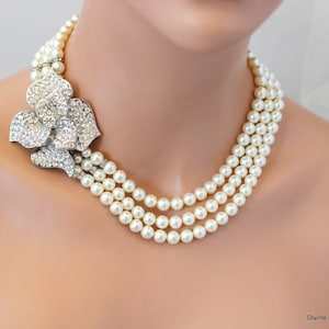 Bridal Pearl Statement Necklace: Rhinestone Flower, Wedding Jewelry, LINDY