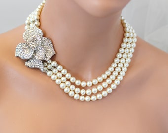 pearl bridal necklace, Wedding Rhinestone necklace, wedding necklace pearl, rhinestone and pearl necklace, Statement necklace, pearl, LINDY