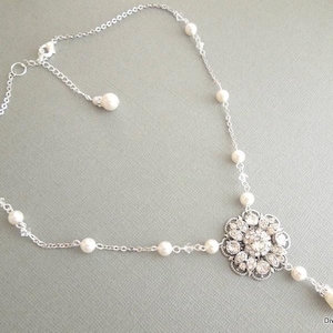 Vintage Style Pearl Bridal Necklace: Rhinestone Teardrop Pendant, COLLEEN