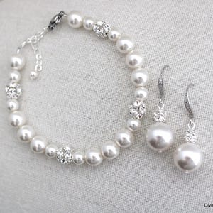 Pearl Bridal Jewelry Set: Crystal Rhinestone Bracelet and Earrings, Claire