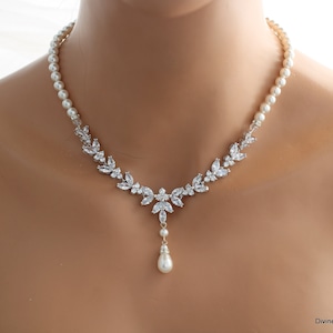 Pearl Bridal Necklace Set: Cubic Zirconia Wedding Backdrop Jewelry, Lorna