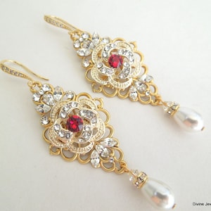 Gold Chandelier Bridal Earrings: Pearl & Rhinestone Red Crystal Statement Earrings, ROSELANI