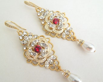 Bridal earrings, pearl earrings, Rhinestone Earrings, crystal gold earrings, Statement Earrings, chandelier Earrings wedding, ROSELANI