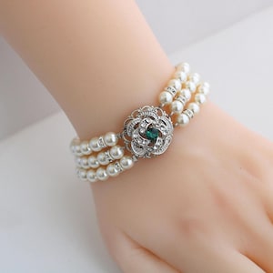 Green Crystal Bracelet, Bridal Three-Strand 6mm Swarovski Pearls with Victorian Rose Rhinestone, Roselani