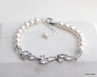 Pulsera nupcial de perlas con circonitas cúbicas, joyería nupcial de estilo vintage en plata u oro, Luisa