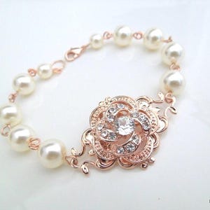 Bridal Pearl Bracelet Rose Gold, Vintage Style Rhinestone Wedding, Roselani