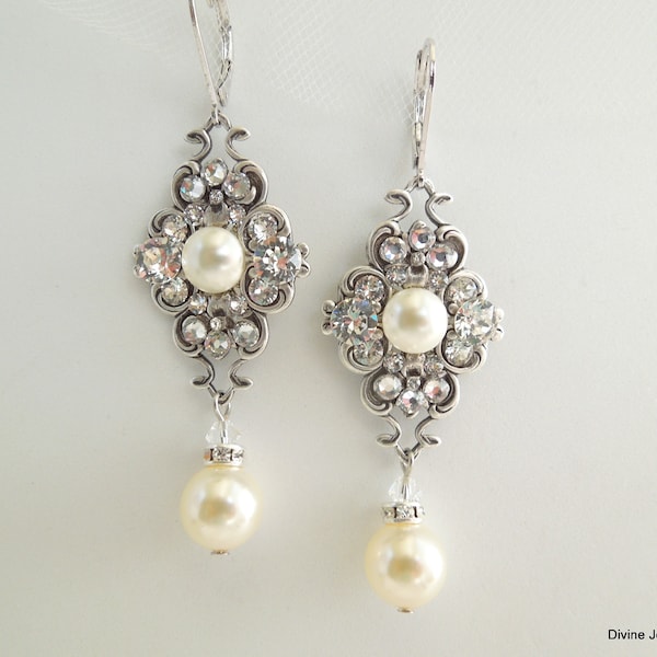 Pearl Bridal Earrings, wedding Rhinestone Earrings, Bridal Earrings chandelier, pearl earrings, Rhinestone Earrings, bridal jewelry, CLAUDE