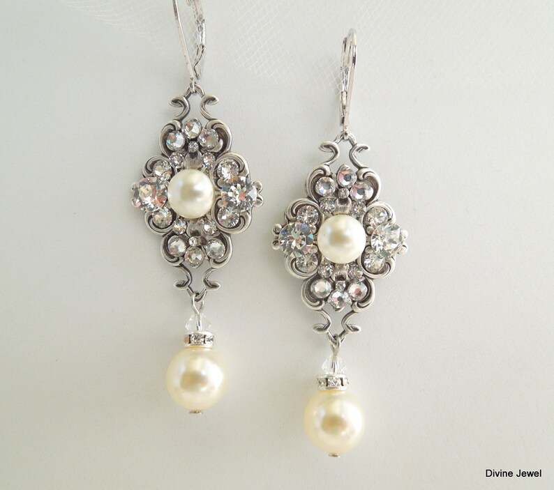 Pearl Bridal Earrings, wedding Rhinestone Earrings, Bridal Earrings chandelier, pearl earrings, Rhinestone Earrings, bridal jewelry, CLAUDE image 1