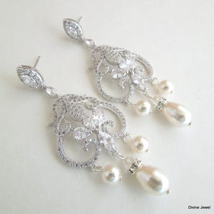Pearl Bridal Chandelier Earrings: Cubic Zirconia Rhinestone Wedding Jewelry, Ella