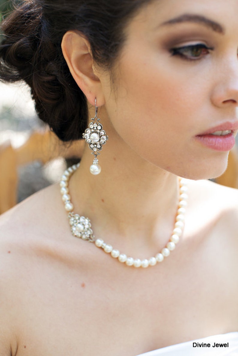 Pearl Bridal Earrings, wedding Rhinestone Earrings, Bridal Earrings chandelier, pearl earrings, Rhinestone Earrings, bridal jewelry, CLAUDE image 3