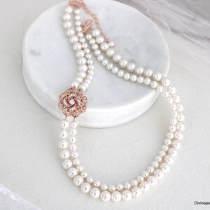 Rose Gold Pearl Statement Necklace: Cubic Zirconia Bridal Jewelry, Roselani