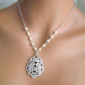 Teardrop Pearl Bridal Necklace: Rhinestone Peacock Pendant, Wedding Jewelry, SUSANE