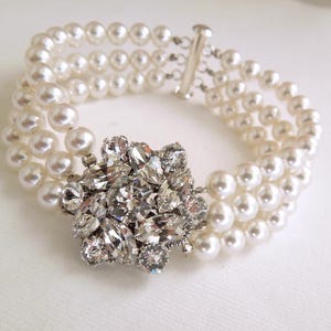 bridal pearl bracelet, wedding Rhinestone Bracelet, wedding Bracelet bridal jewelry, pearl bracelet, rhinestone bracelet, cuff, NATALEE White