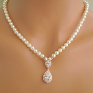 Rose Gold Bridal Necklace: CZ Teardrop, Pearl Wedding Jewelry, Milla