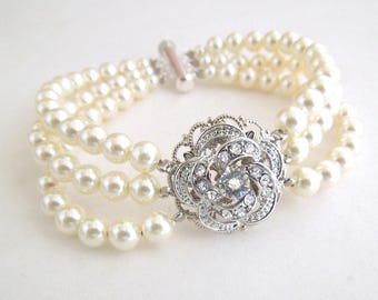 Rhinestone and Pearl Rose Bracelet:  Bridal Jewelry, Wedding Jewelry, ROSELANI