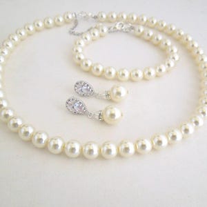 Pearl Bridal Jewelry Set: Cubic Zirconia Necklace and Earrings, MAUDREY