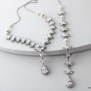 Pearl & Rhinestone Wedding Backdrop Necklace: Bridal Statement Jewelry, Amy